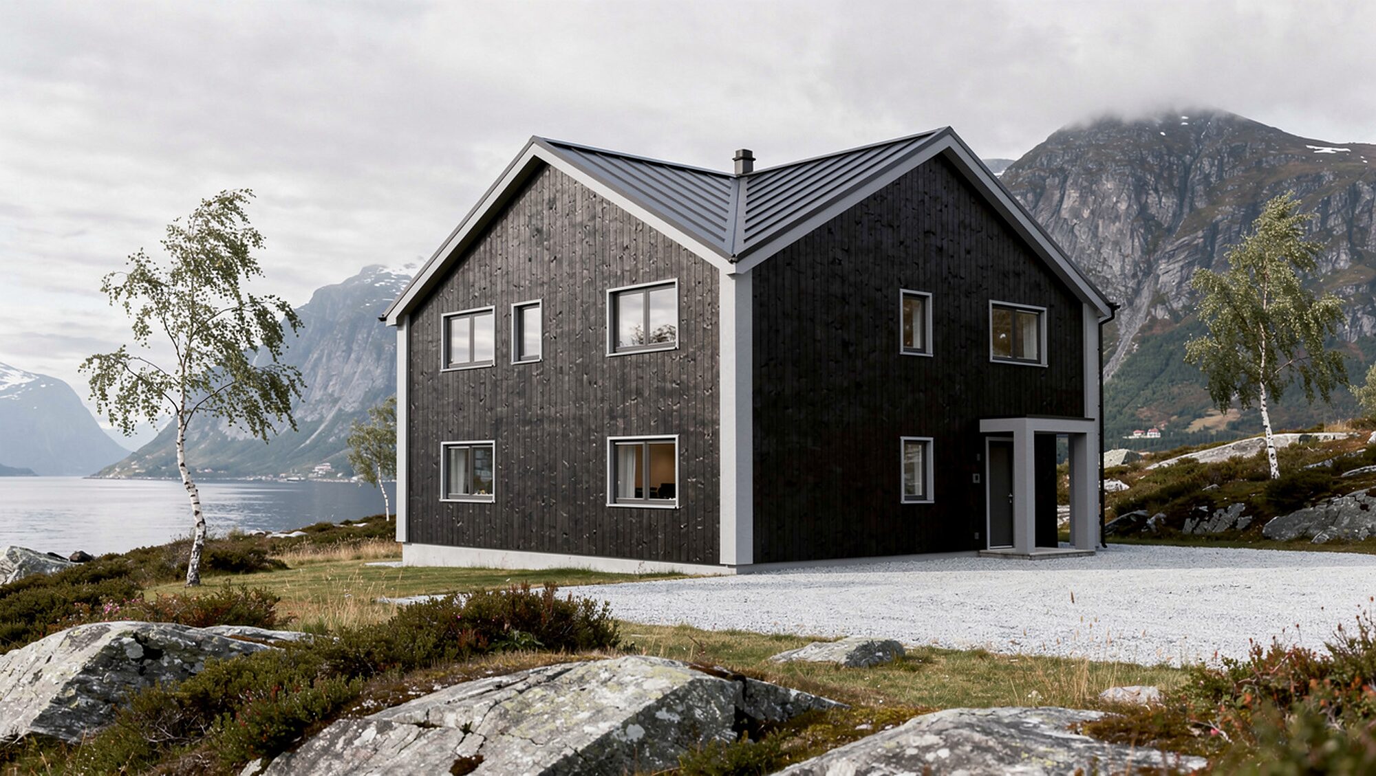 Enebolig med mørk trekledning på en bergknaus ved fjorden, med Sunnmørsalpene i bakgrunnen